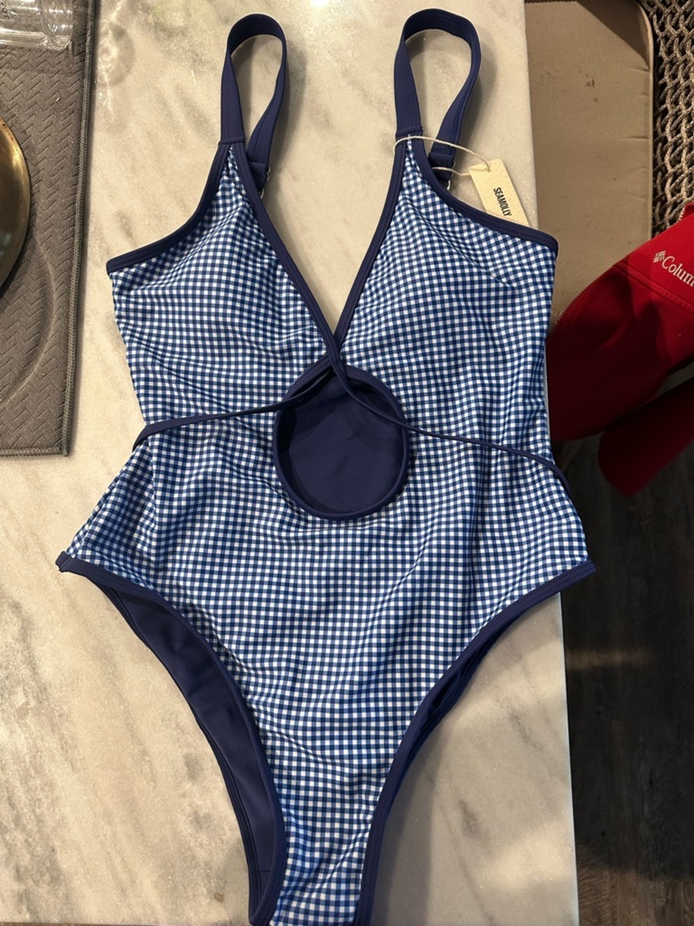 Blue Gingham Women’s One-Piece Swimsuit with Cutout